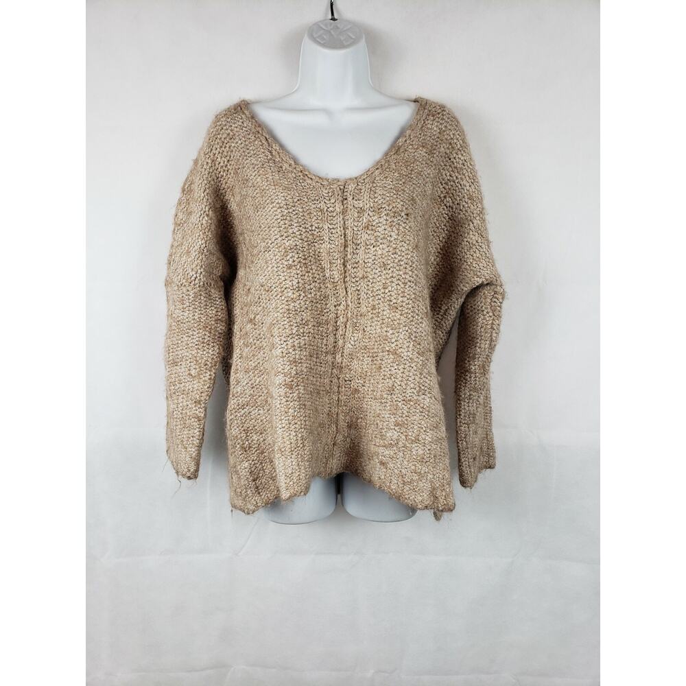 Anthropologie Moth Sweater Alpaca Crochet Light Brown Long Sleeve V Neck sz M